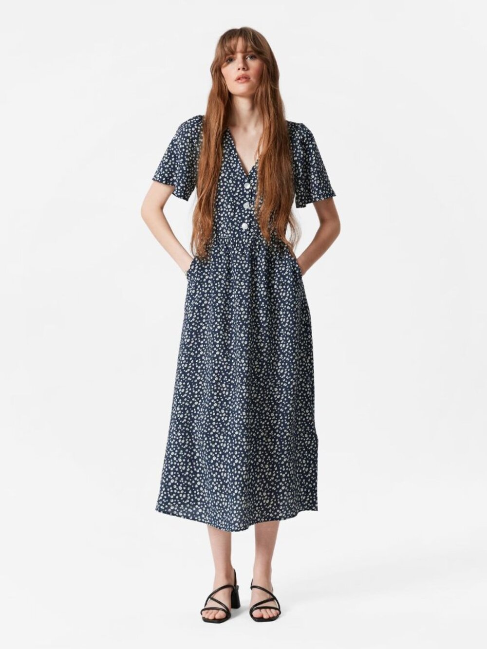 & Other Stories Navy Print Midi Dress | V-Neck | US 6 / EU 38